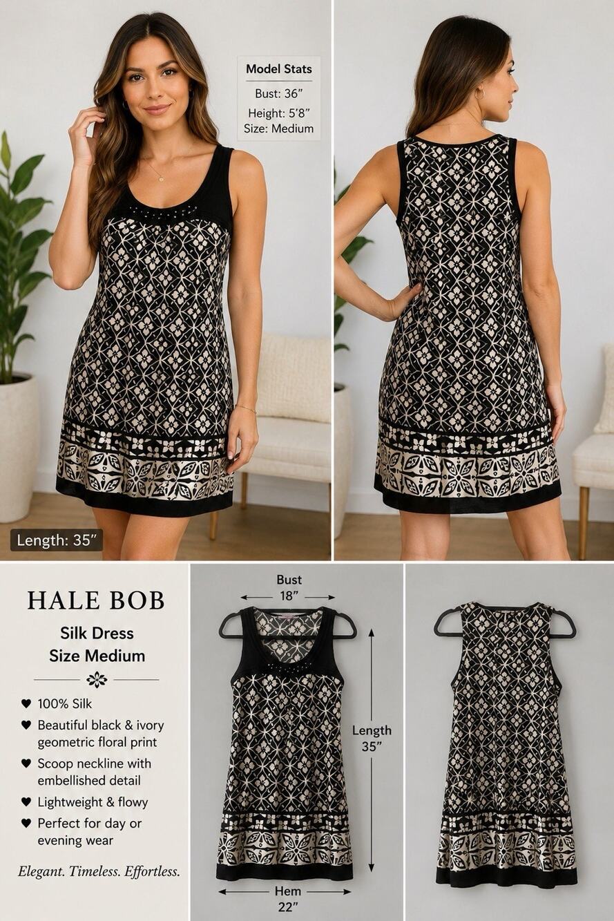 Hale Bob 100% Silk Sleeveless Shift Dress Med Black/Ivory Geometric Floral EUC